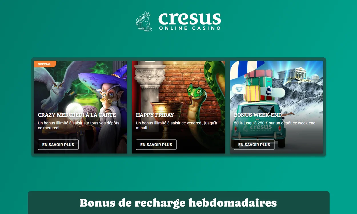 Bonus de recharge hebdomadaires au Cresus Casino